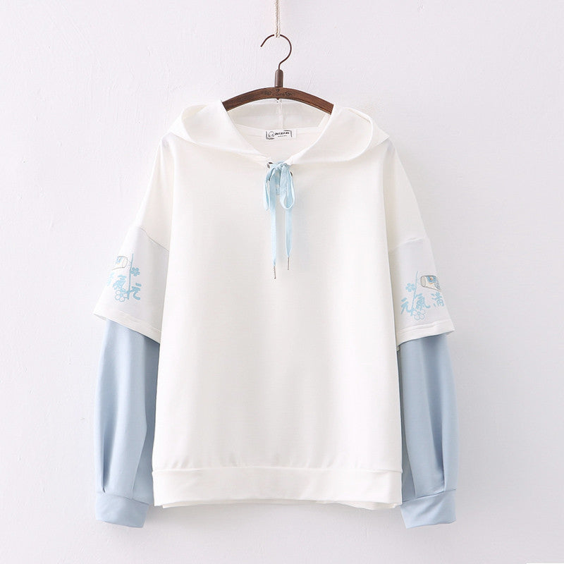 Printed Sleeves Hooded Splicing Pullover Hoodie For Women