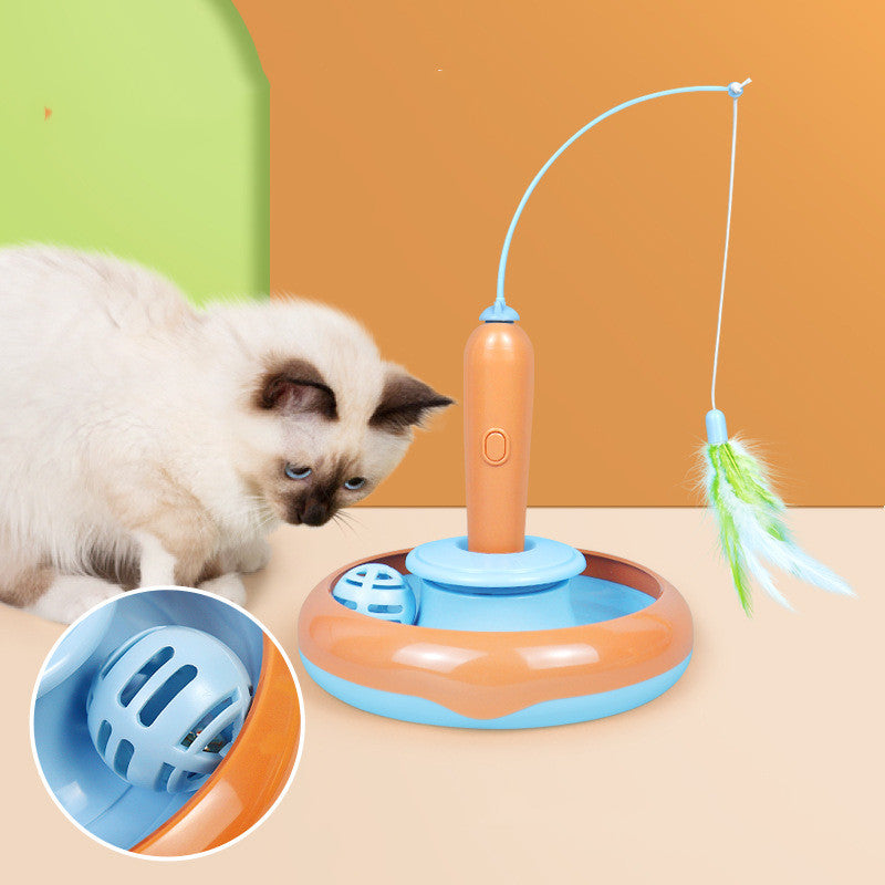 2-in-1 Pet Cat Toy with Feather for Self-Play - Interactive Turntable Toy for Cats