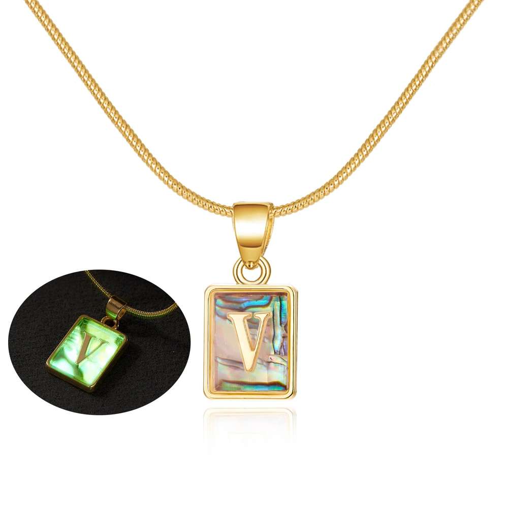 26 Letter Square Necklace Colorful Shell Luminous Pendant Chain Necklace For Women - Minihomy