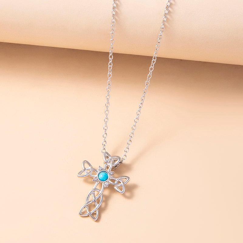 Blue Stone Celtic Knot Cross Pendant Silver Spiral Trinity Knot Necklaces For Women Men - Minihomy