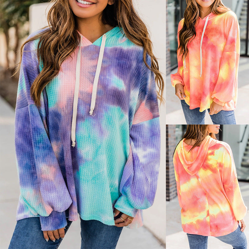 Ladies Tie Dye Hooded Long Sleeve Sweatshirt Pullover