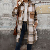 Women's Brushed Plaid Long Winter Coat with Pockets