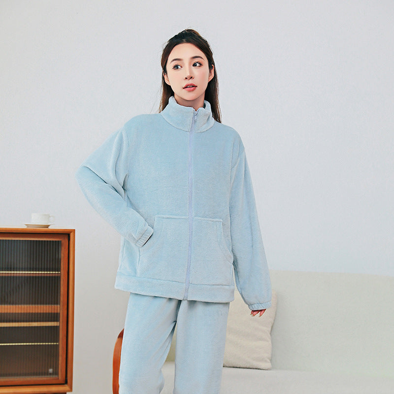 Winter Pajamas Sets Homewear With Pockets Design Thickened Coral Velvet Stand Collar Warm Pajamas