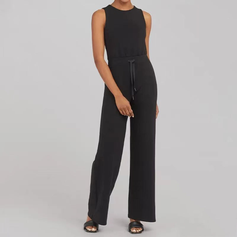 Solid Color Jumpsuit Sleeveless Tops Tie Elastic Pants Romper