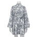 Ink Print Long Sleeve Short Dress With Fashion Puffy Sleeve Lapel Tie A-Line Dress Clothing - Minihomy