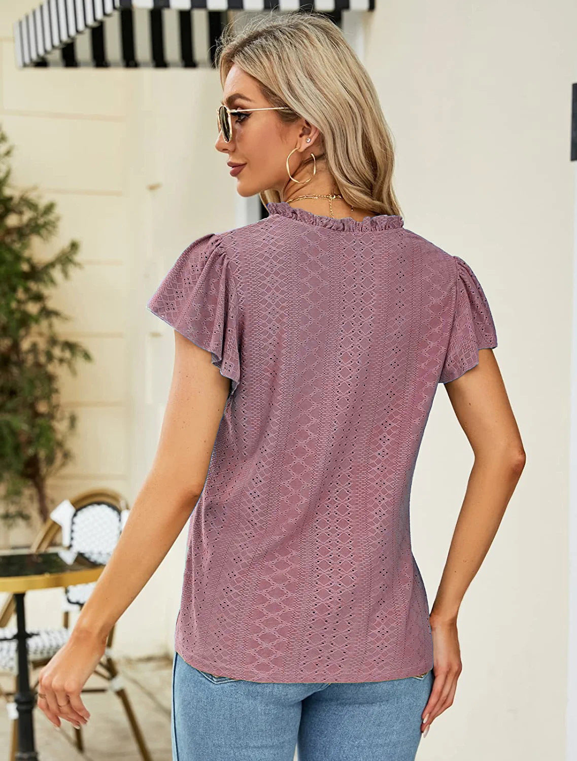 Jacquard V-neck Pile Sleeve Short Sleeve