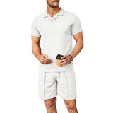 2pcs Set Men V Neck Polo Shirt Lapel Short Sleeve Men's Suit