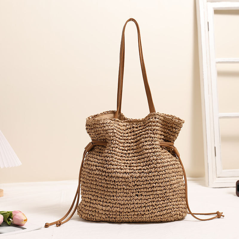 Large Knitted Straw Tote Bag: Oversized Drawstring Shoulder Handbag