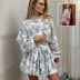 Ink Print Long Sleeve Short Dress With Fashion Puffy Sleeve Lapel Tie A-Line Dress Clothing - Minihomy