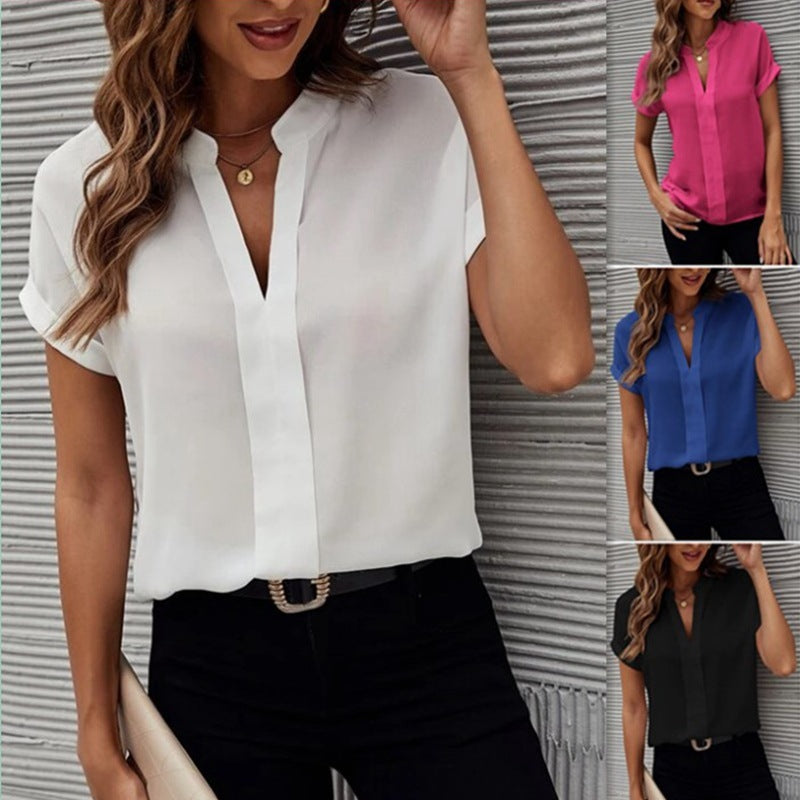Women's Short-sleeved V-neck Shirt Summer Casual Solid Color Shirt Fashion Womens Clothing