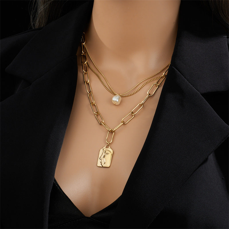 Fashion Jewelry Layered Face Portrait Chain Choker Necklace For Women Elegant Pearls Pendant Necklace Jewelry Accessories - Minihomy