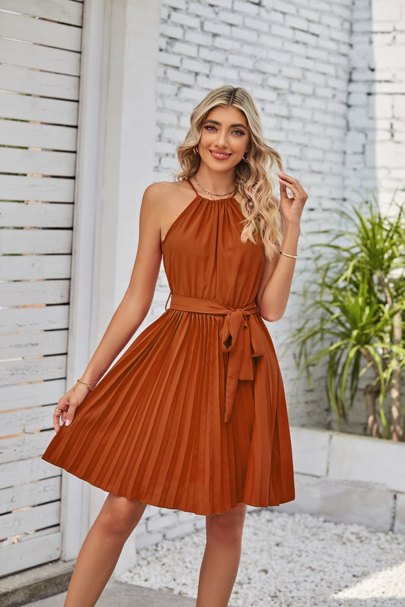 Halter Strapless Dresses For Women Solid Pleated Skirt Summer Beach Sundress - Minihomy