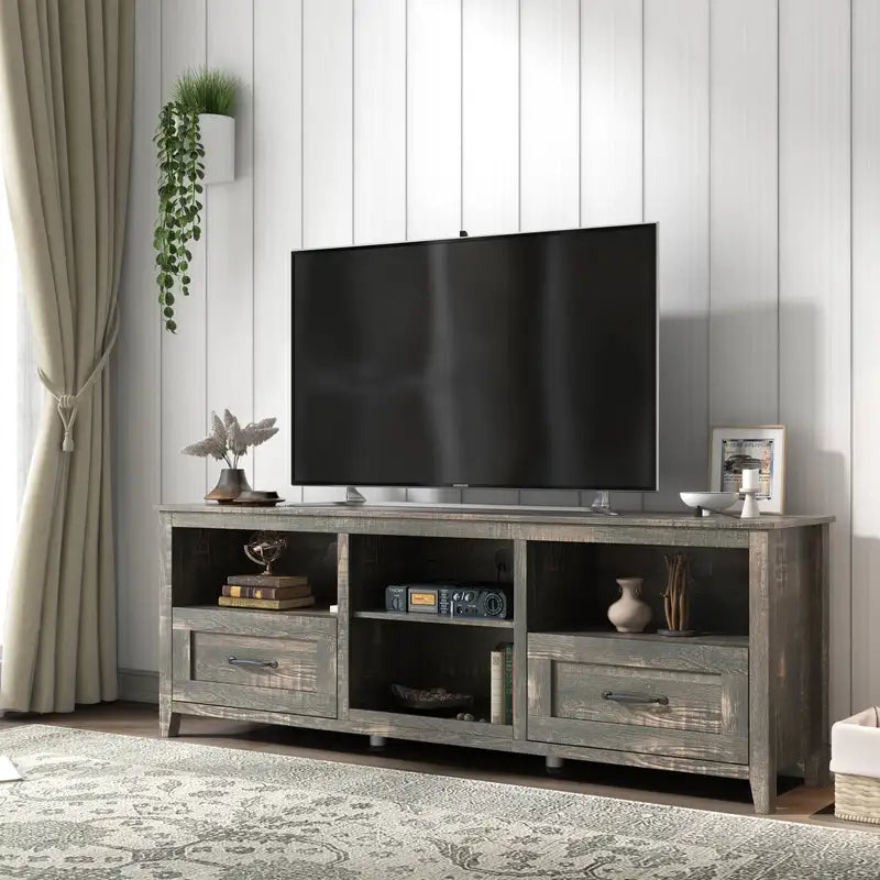 70" TV Sehpası Depolama Alanlı - 2 Çekmece, 4 Bölme, Siyah Çam
