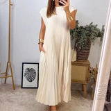 Women's Short Sleeve Pleated Long Summer Dress - Round Neck Casual