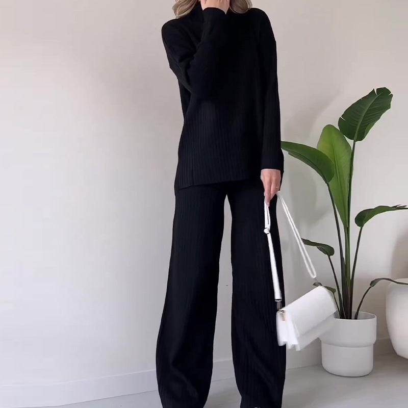 Women's Knitted Turtleneck Suit Set - Loose Split Long Sleeve Top & Trousers