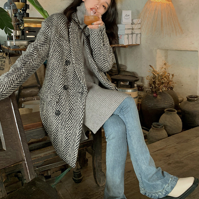 Temperament Small Suit Collar Woolen Coat Women