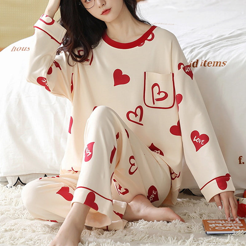 Loose Print Pajamas Women Autumn Winter Pyjama Set Long Sleeves And Trousers Sleepwear