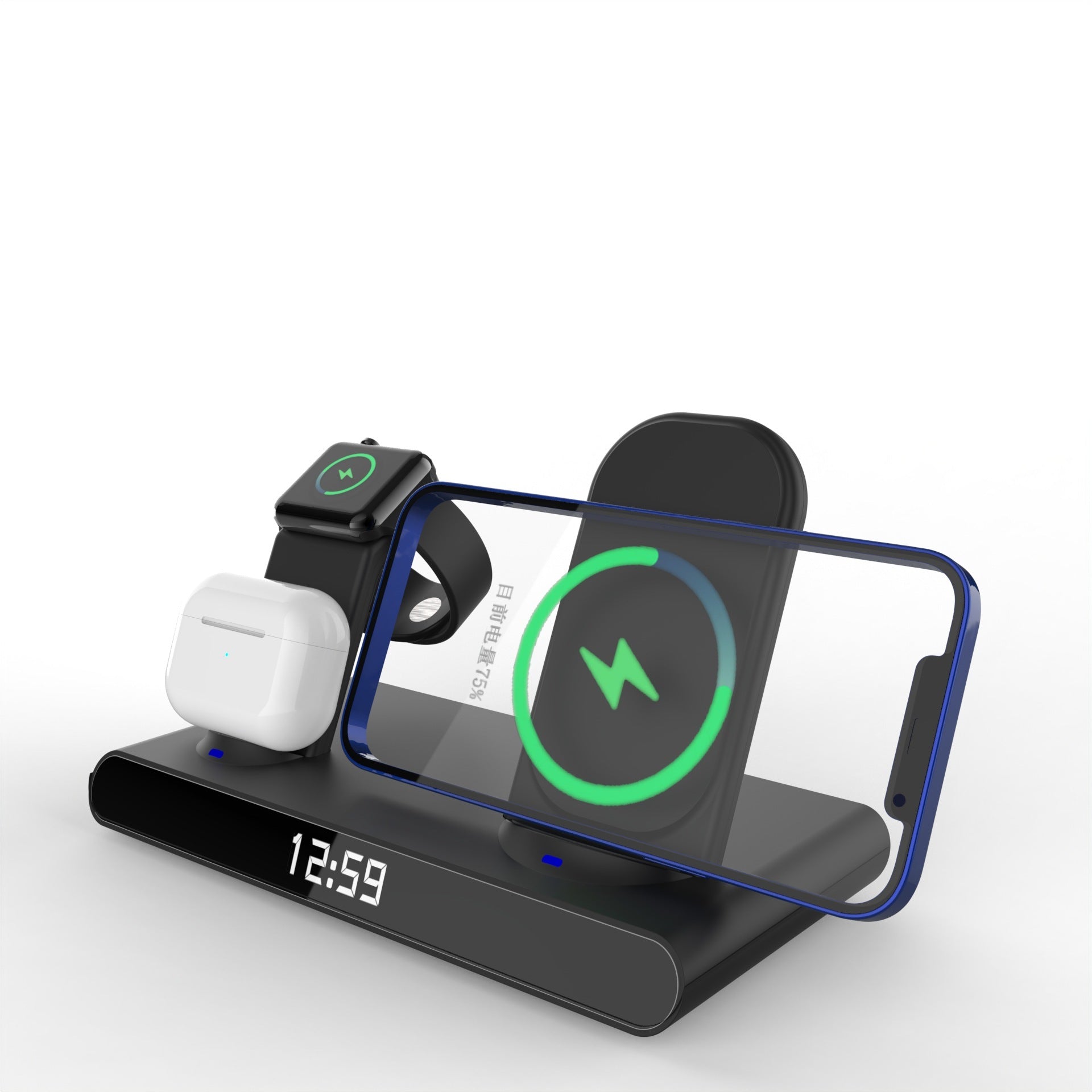 15W 3-in-1 Wireless Charging Station for Phone, Watch & Earbuds - Fast Charging Clock