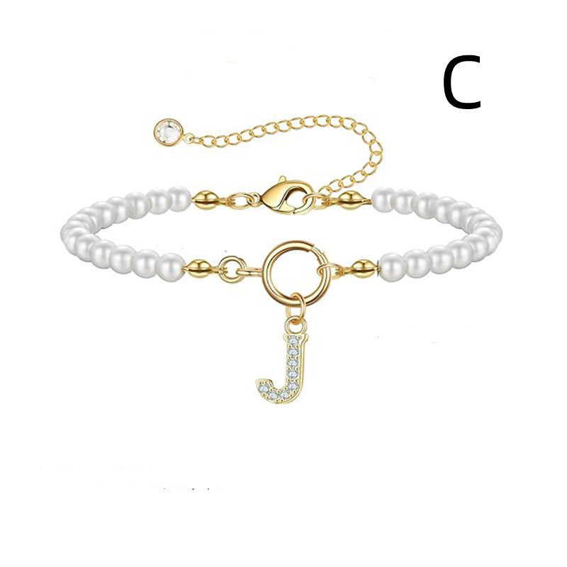 Personalized Initial Bracelet with Pearl Charm - A-Z Letter Toggle Clasp Jewelry Gift for Women - Minihomy