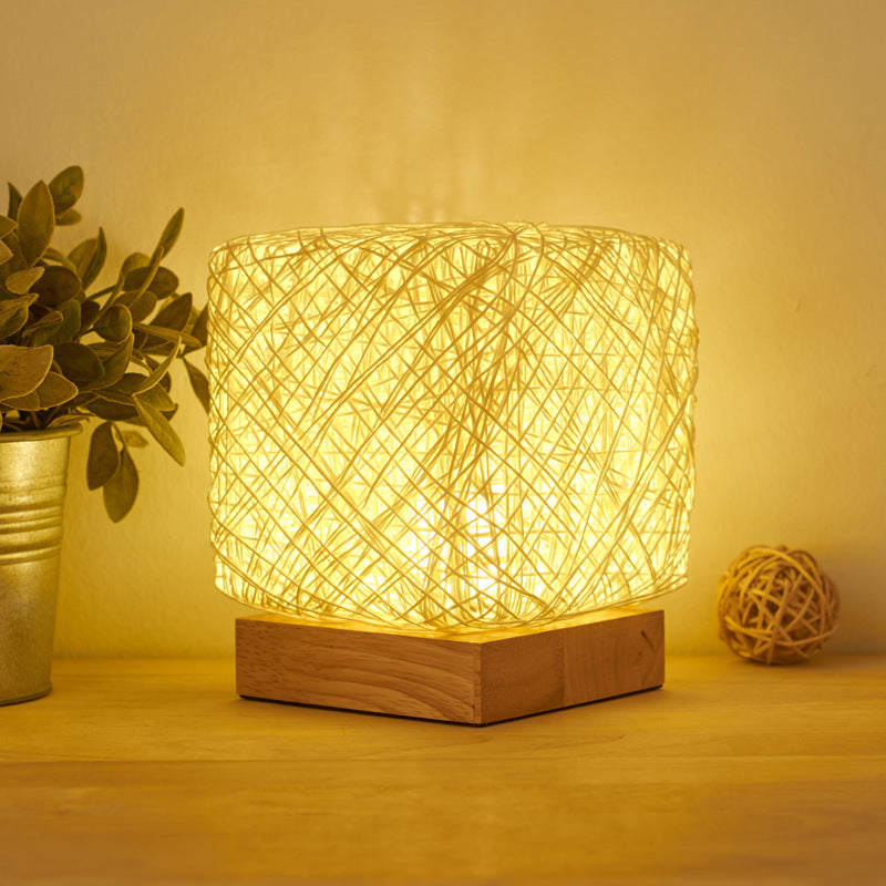 Hand-Knit Dimmable Square LED Desk Lamp - Wood Rattan Twine USB Charging Table Light - Minihomy