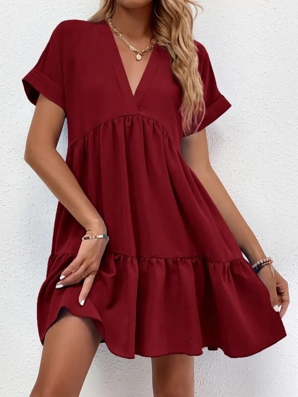 Short-sleeved V-neck Dress Summer Casual Sweet Ruffled Dresses Solid Color Holiday Beach Dress For Womens Clothing