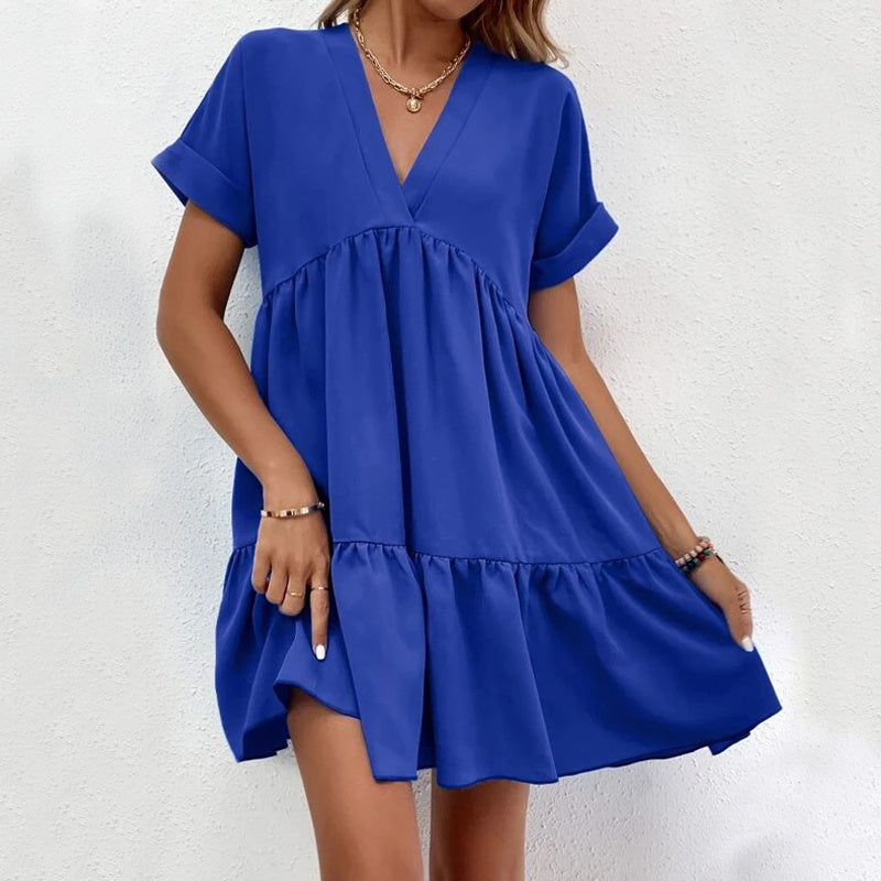 Short-sleeved V-neck Dress Summer Casual Sweet Ruffled Dresses Solid Color Holiday Beach Dress For Womens Clothing