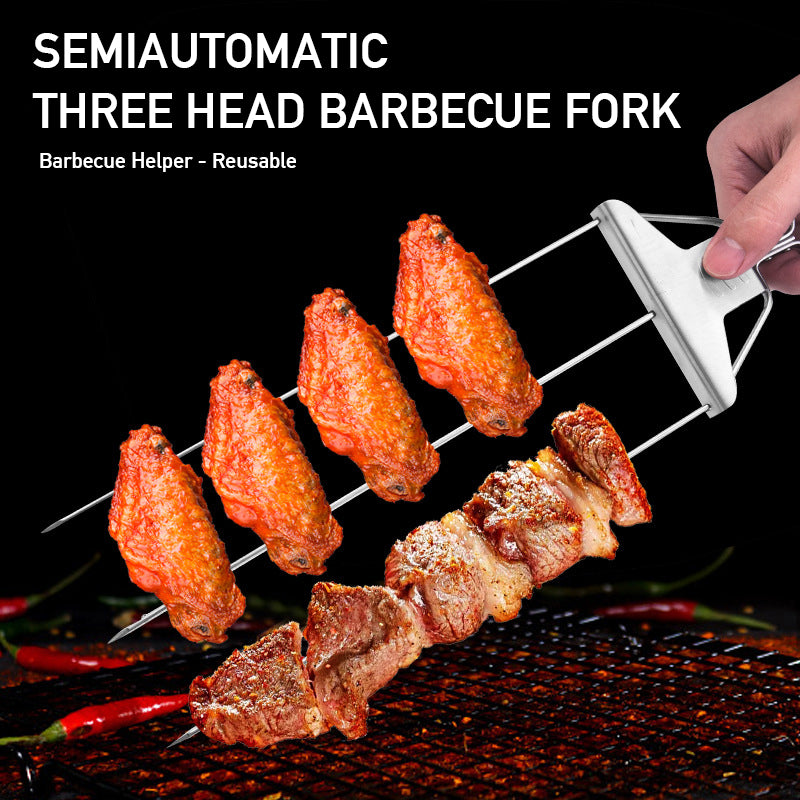 3-Prong Skewer Stick Needles Kebab 3 Way Forks Stainless Steel Barbecue Grill Fork - Minihomy