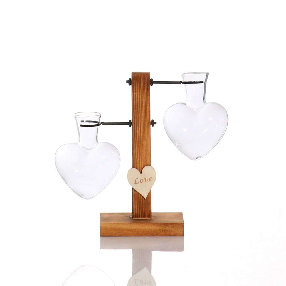 Love Heart Shape Clear Glass Hydroponic Flower Vase with Wooden Stand - Minihomy