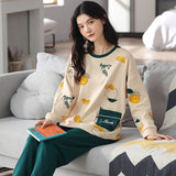 Loose Print Pajamas Women Autumn Winter Pyjama Set Long Sleeves And Trousers Sleepwear