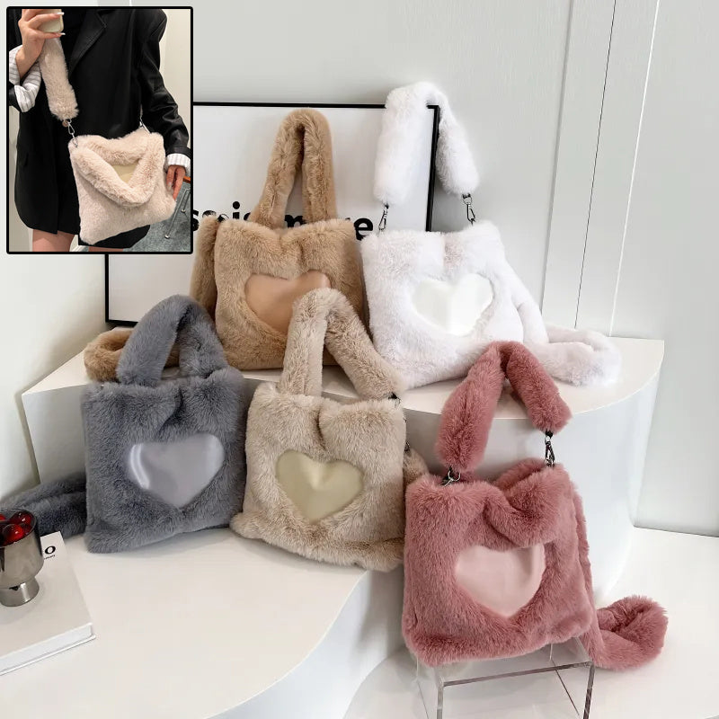 Fluffy Shoulder Bag for Women: Plush Tote Handbag, Autumn Winter Fashion