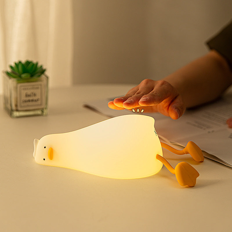 Lie Flat Duck Silicone Night Light - LED Children's Bedside Table Lamp with Pat Dimming and Rechargeable Battery