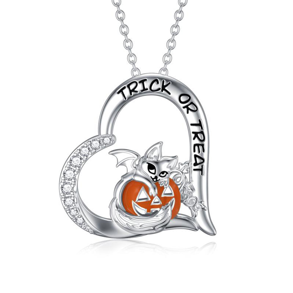 Halloween Jewelry Pumpkin Necklace 925 Sterling Silver Cat Heart Necklace for Girls Women Birthday Christmas Halloween Jewelry Gifts