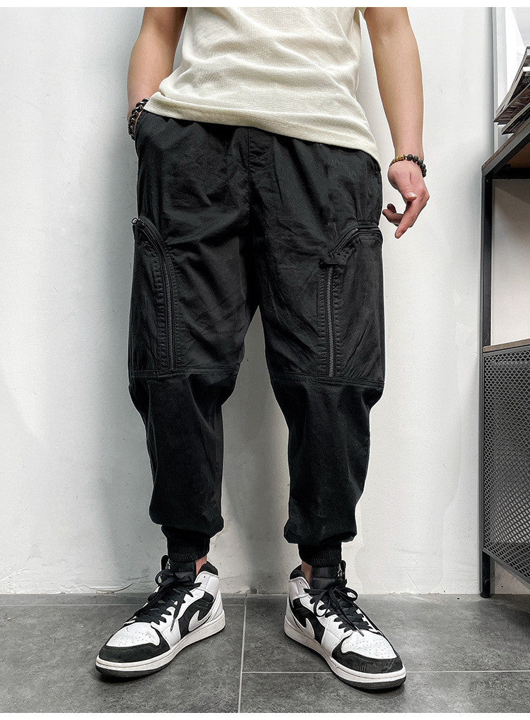 Men's Elastic Waist Zipper Big Pockets Drawstring Sports Cargo Pants - Minihomy