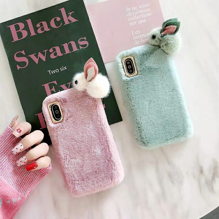 Cute Warm Rabbit Fur Plush diamond Phone Case