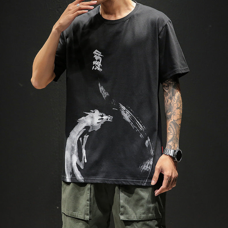 Men's loose T-shirt with ink printing - Minihomy