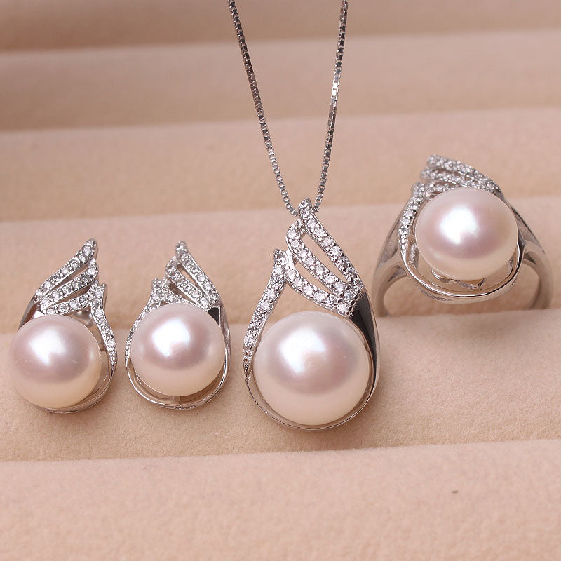 Pearl Freshwater Pendant Earring Ring three piece set - Minihomy