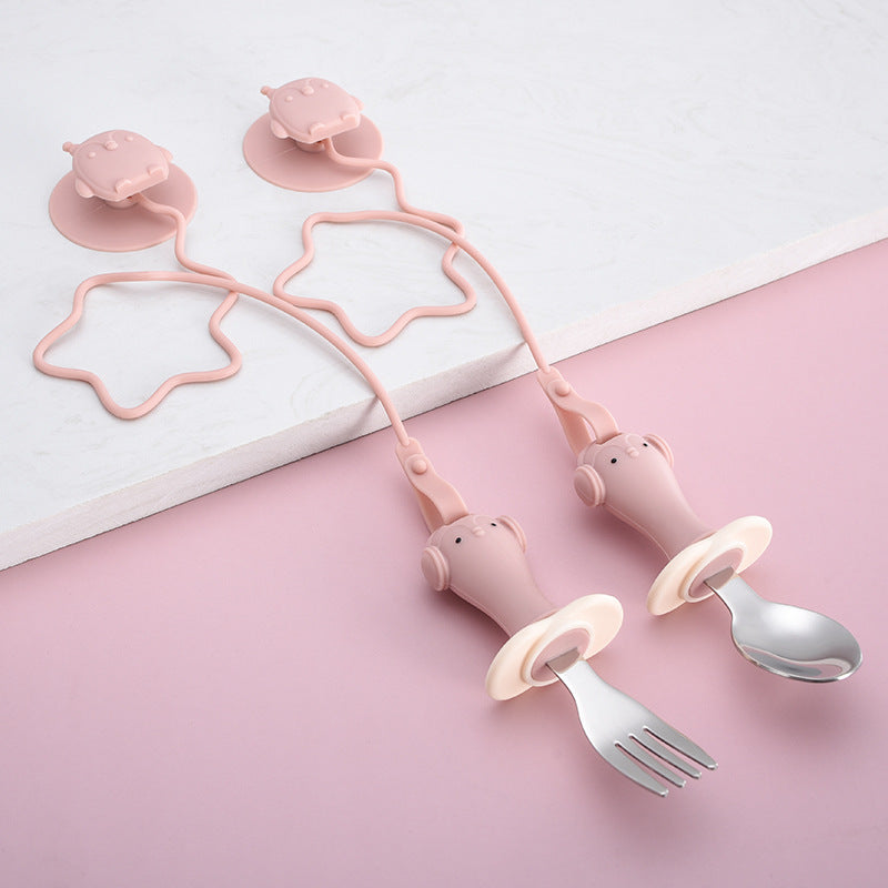 Infant Stainless Steel Training Spoon Fork Silicone Anti-drop for Children's - Minihomy