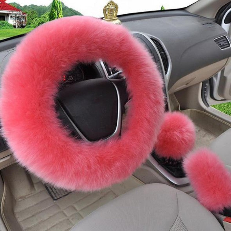 Pure Wool Car Steering Wheel Cover Leather Sheepskin Handle Hand Brake Set Gear Set Three-piece