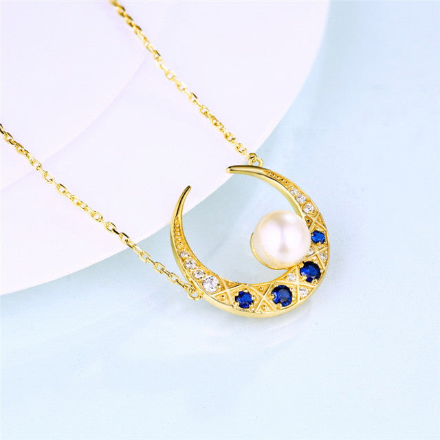 Natural Gemstone Freshwater Pearl Beads Moon Necklace and Pendant - Minihomy