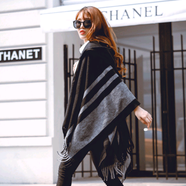 Autumn and winter ladies cloak shawl hooded warm tassel scarf - Minihomy