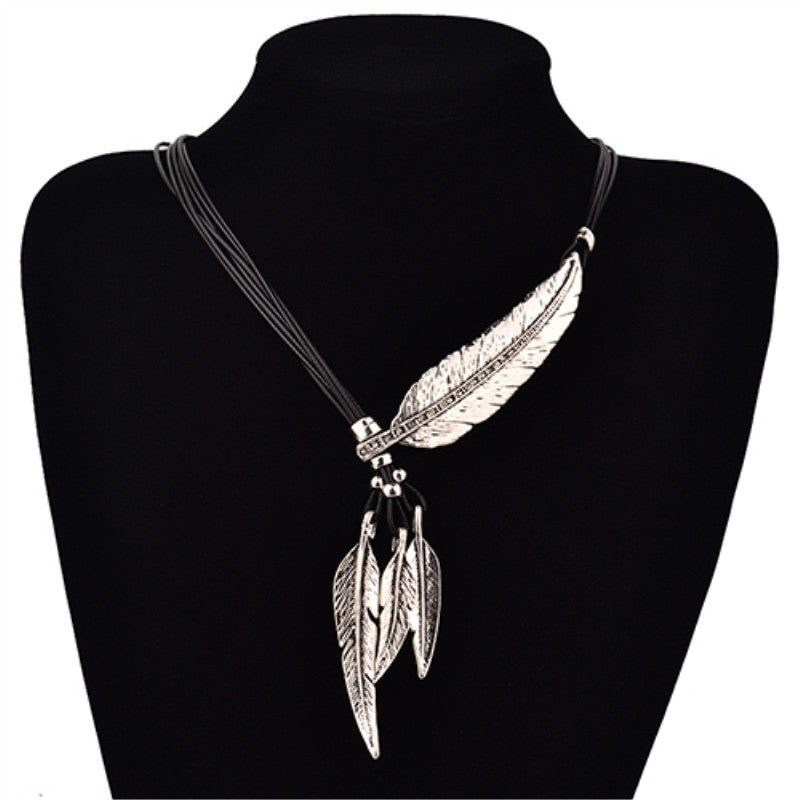 3 Colors Black Rope Multilayer Feather Leaf Tassels Pendant Necklace - Minihomy