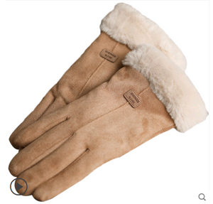 Gloves Female Autumn and Winter Warm Korean Version Plus Velvet Thick five Fingers Retro Suede Touch Screen Gloves Cute Driving - Minihomy