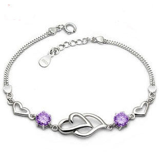 S925 pure silver bracelet wholesale, heart-shaped Amethyst Bracelet, double heart bracelet, Korean Style Sterling Silver Jewelry