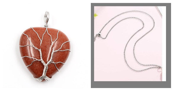 Peach Heart-shaped Lovers Pendant Natural Crystal Tree Of Life Necklace - Minihomy