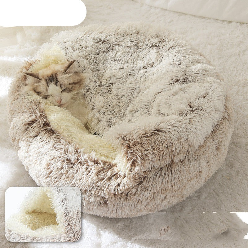 Pet Bed Round Plush Warm Bed House Soft Long Plush Bed  2 In 1 Bed - Minihomy