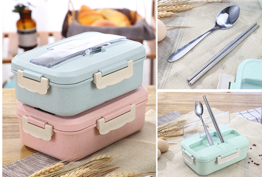 Gift custom creative wheat straw lunch box Student with spoon chopsticks three compartment lunch box Microwave Japanese lunch box - Minihomy