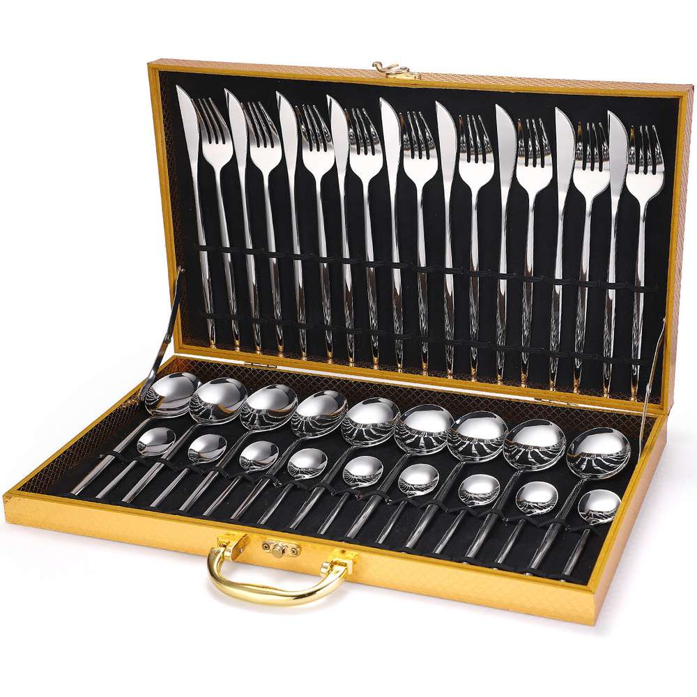 36-piece Stainless Steel Tableware Wooden Box Gift Box Set - Minihomy