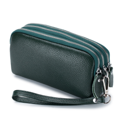 The First Layer Cowhide Women's Clutch Three-Layer Zipper Wrist Bag Leather Mobile Phone Bag Women's Long Wallet