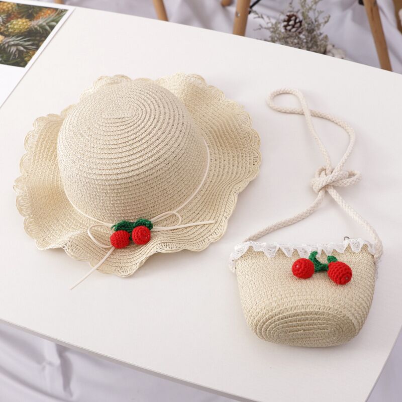 Girl Cherry Straw Hat Bag Set Princess Hat Beach Hat Sun Hat