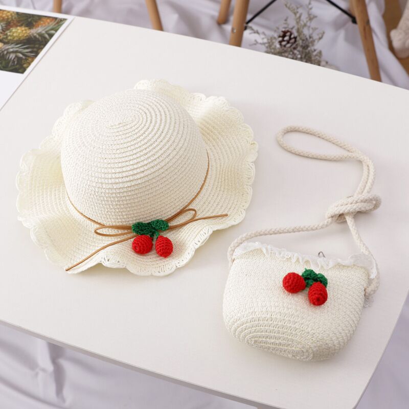 Girl Cherry Straw Hat Bag Set Princess Hat Beach Hat Sun Hat